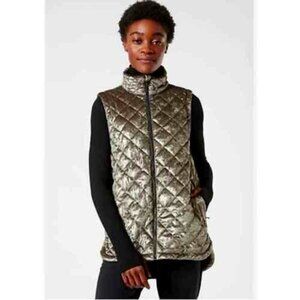 Athleta Whisper Metallic Velvet Vest Quilted Layer “Coffee House” Sage Green XL